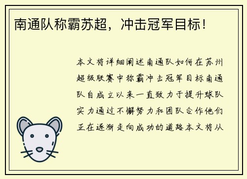 南通队称霸苏超，冲击冠军目标！